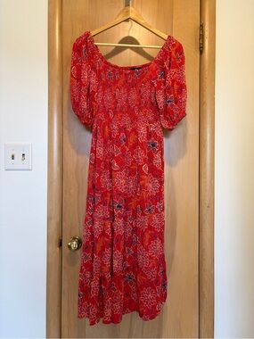 Angie Red Floral Puff-Sleeve Tiered Dress